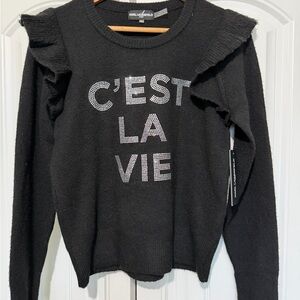 Karl Lagerfeld Black Sweater with Ruffle and Text Design
